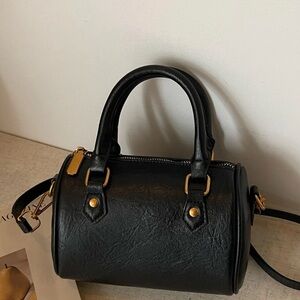 Black barrel small Crossbody Bag with gold hardware faux Leather Satchel